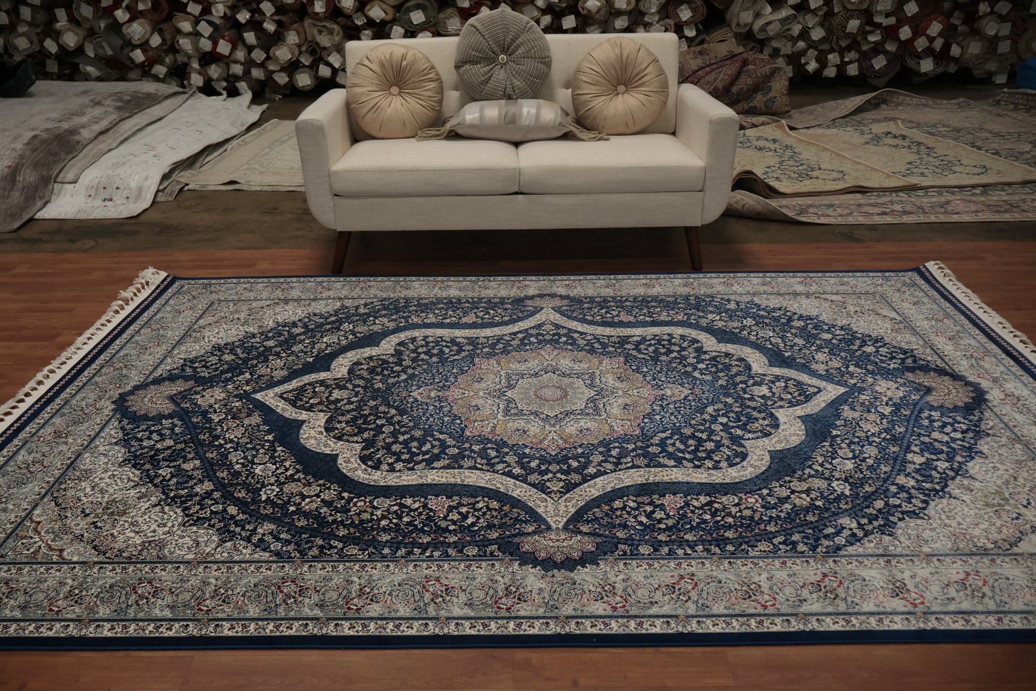 Graceful Blue Qum Turkish Area Rug 7x10 with Ornate Detailing