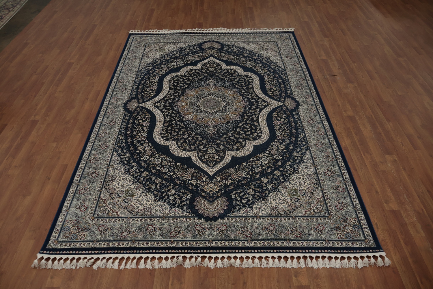 Graceful Blue Qum Turkish Area Rug 7x10 with Ornate Detailing