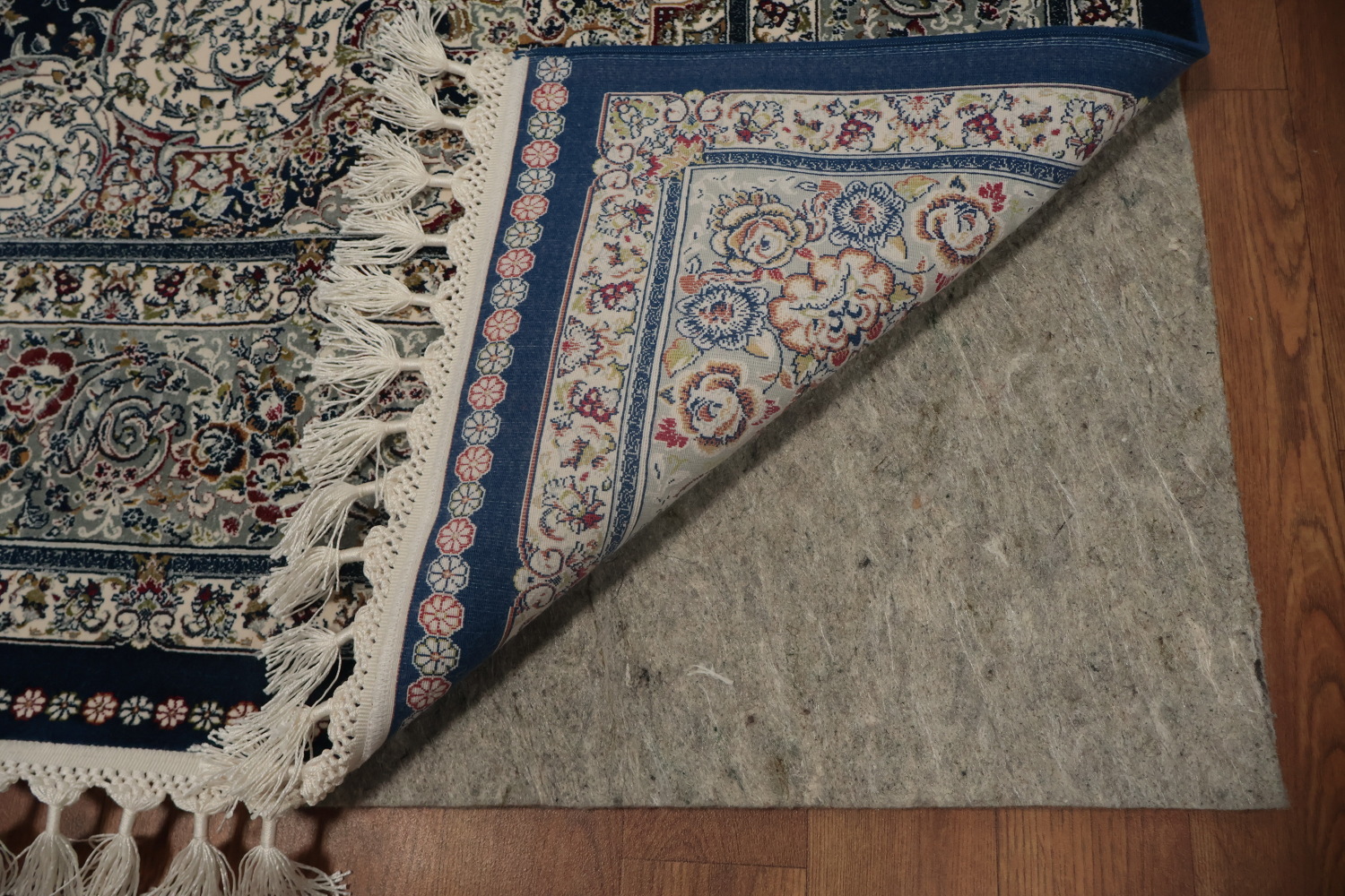 Graceful Blue Qum Turkish Area Rug 7x10 with Ornate Detailing