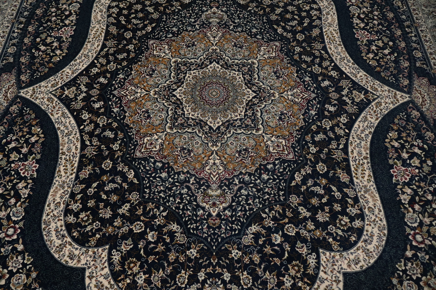 Graceful Blue Qum Turkish Area Rug 7x10 with Ornate Detailing