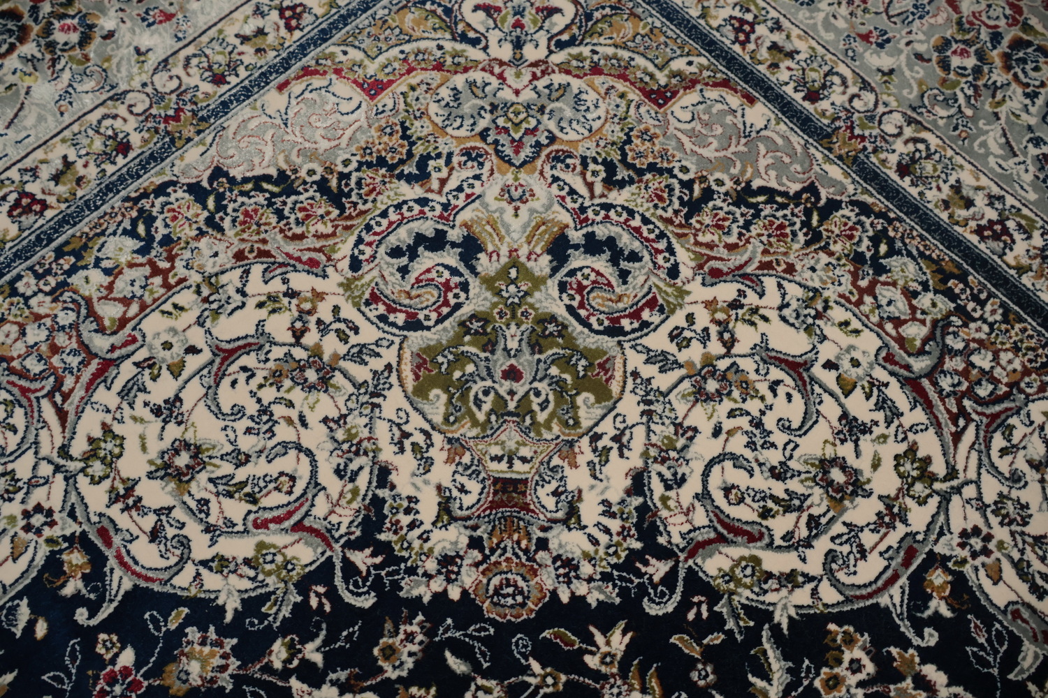 Graceful Blue Qum Turkish Area Rug 7x10 with Ornate Detailing