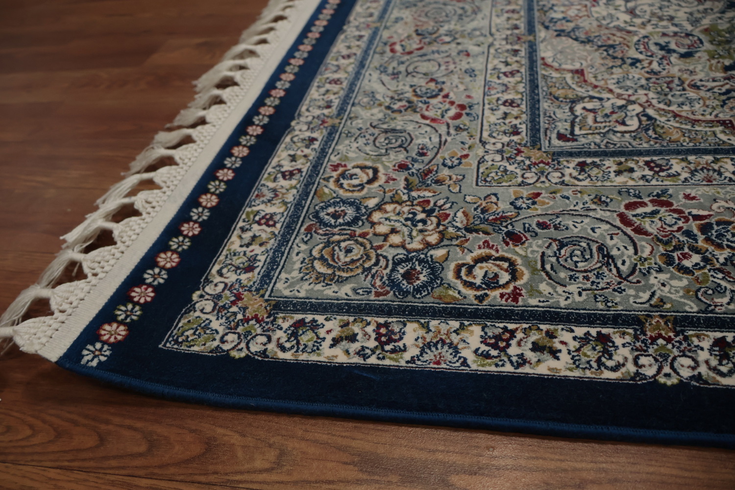 Graceful Blue Qum Turkish Area Rug 7x10 with Ornate Detailing