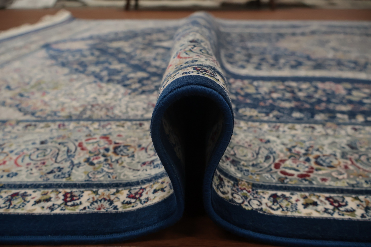 Graceful Blue Qum Turkish Area Rug 7x10 with Ornate Detailing