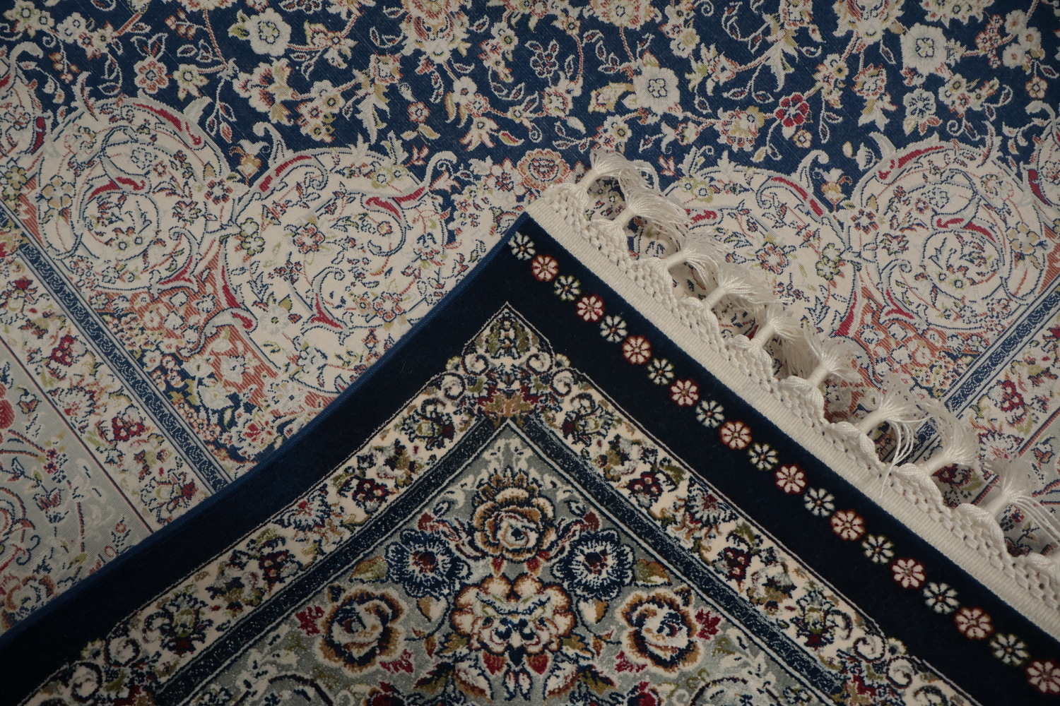 Graceful Blue Qum Turkish Area Rug 7x10 with Ornate Detailing