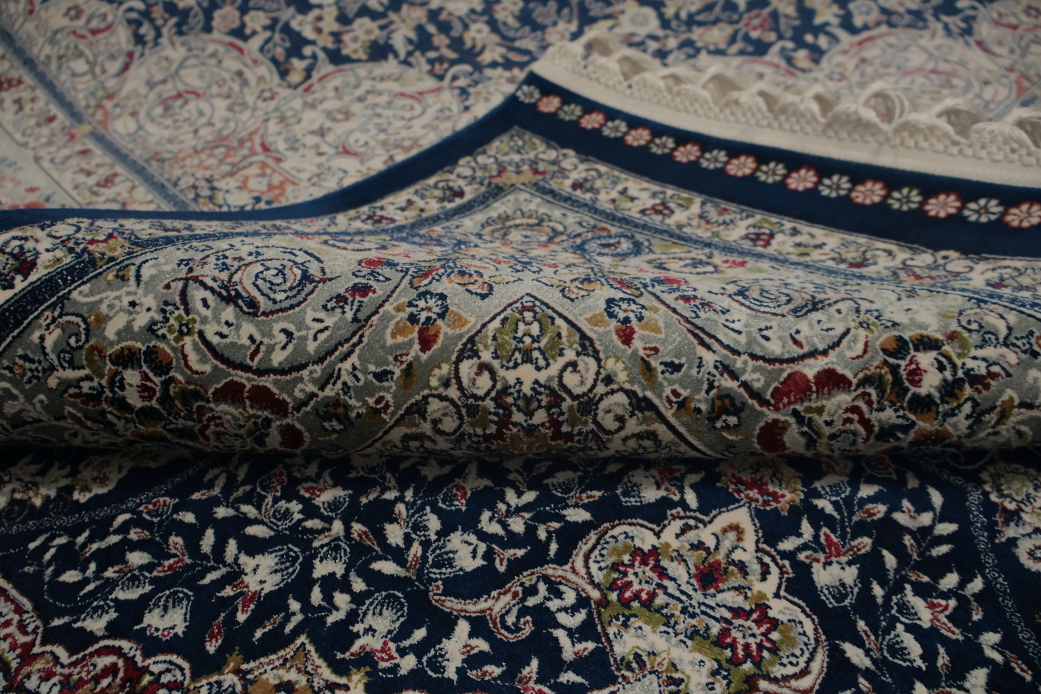 Graceful Blue Qum Turkish Area Rug 7x10 with Ornate Detailing