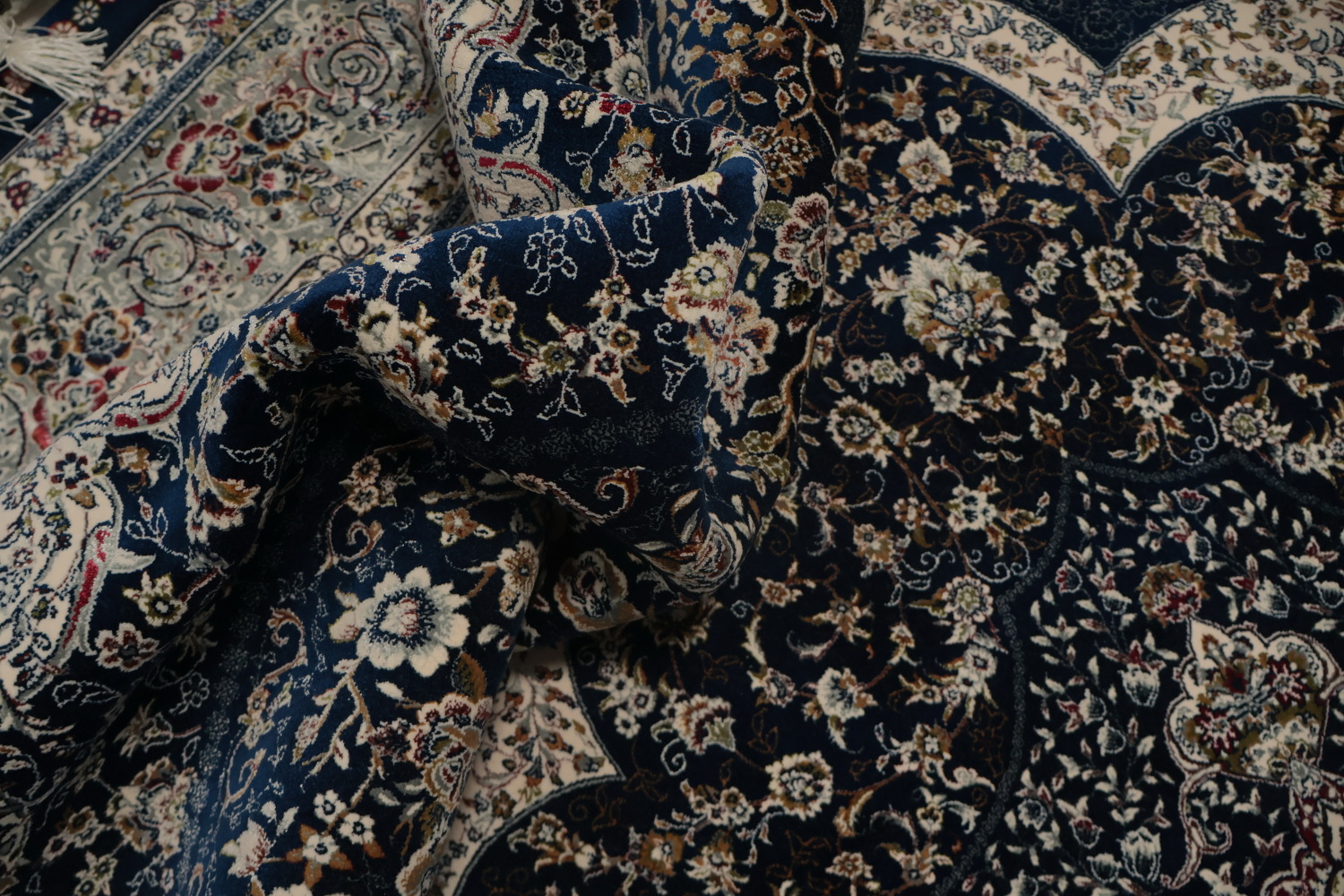 Graceful Blue Qum Turkish Area Rug 7x10 with Ornate Detailing