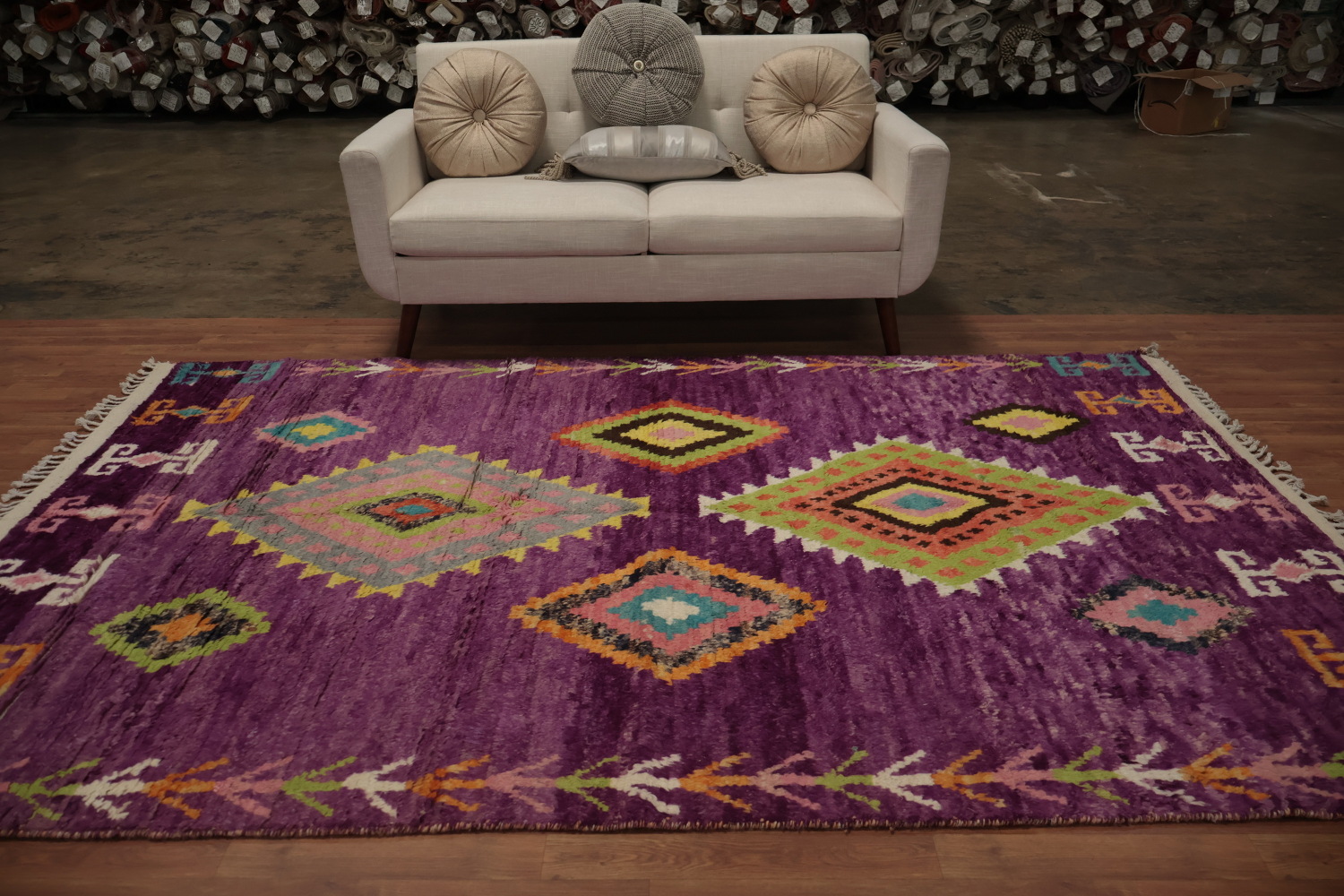 Vibrant Plush Moroccan Area Rug 6x9 with Rich Purple Background