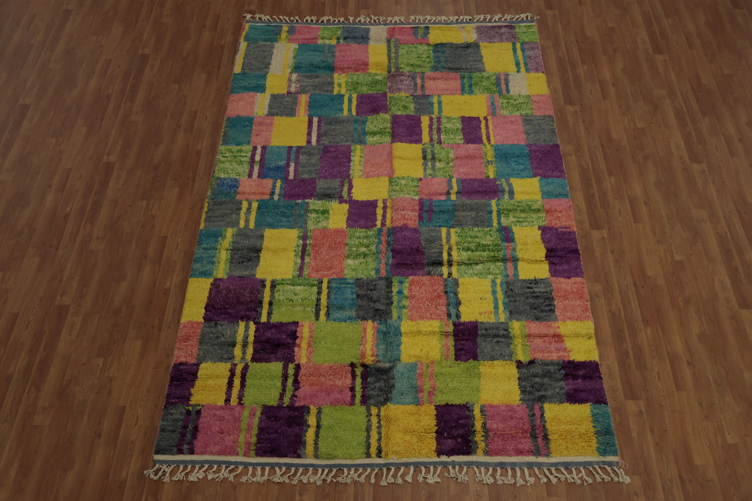 Eclectic Moroccan Area Rug 7x11 with Bright Patchwork Design