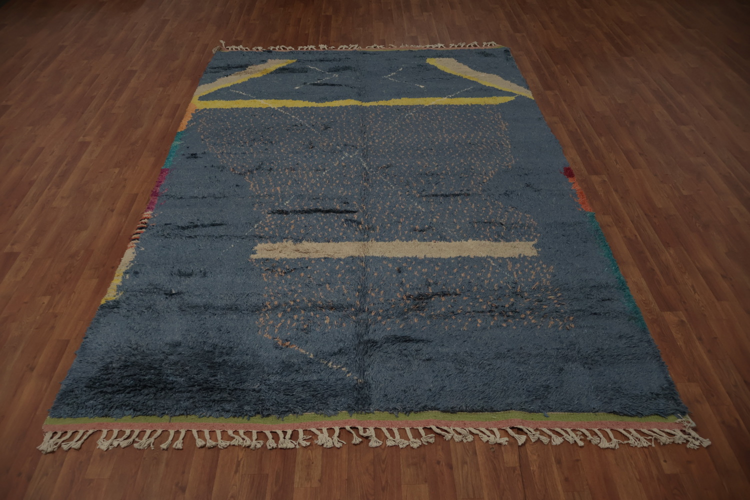 Abstract Moroccan Area Rug 7x11 with Subtle Blue and Yellow Patterns