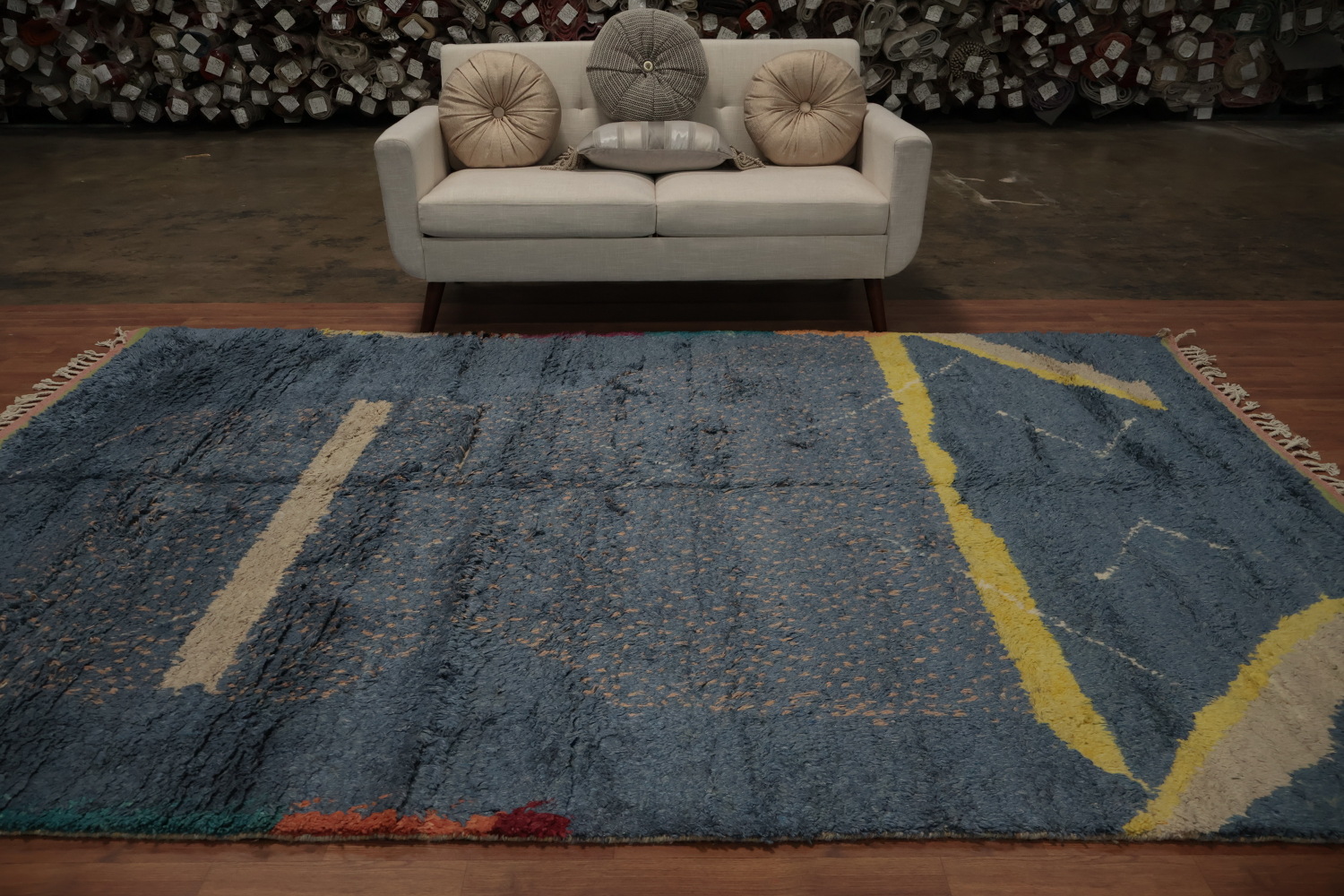 Abstract Moroccan Area Rug 7x11 with Subtle Blue and Yellow Patterns