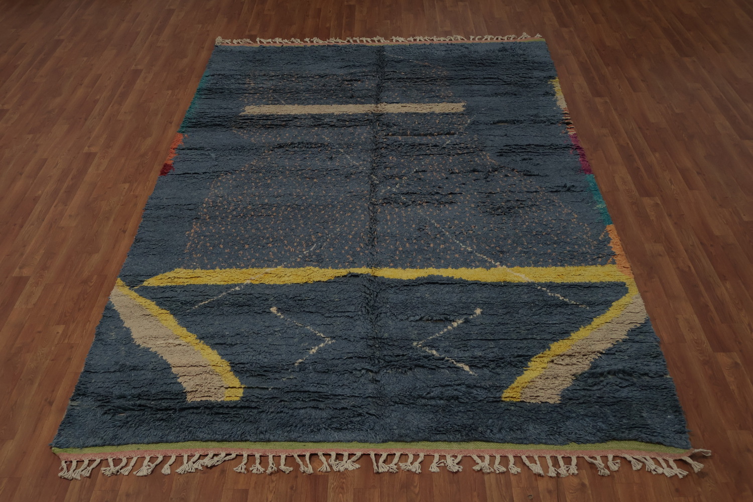 Abstract Moroccan Area Rug 7x11 with Subtle Blue and Yellow Patterns