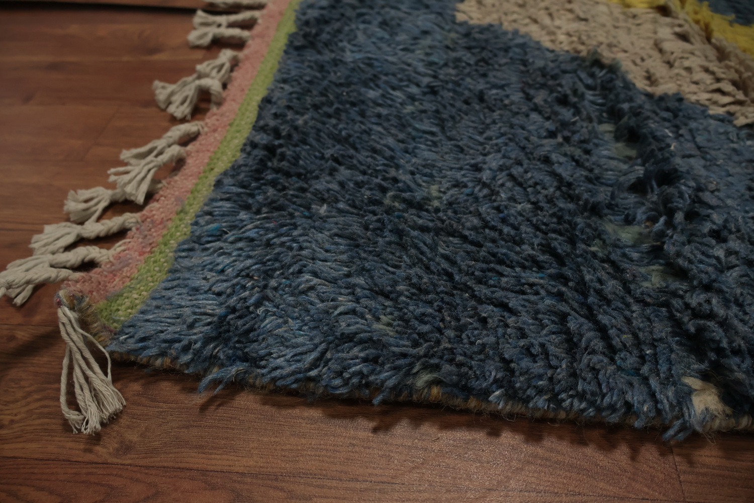 Abstract Moroccan Area Rug 7x11 with Subtle Blue and Yellow Patterns