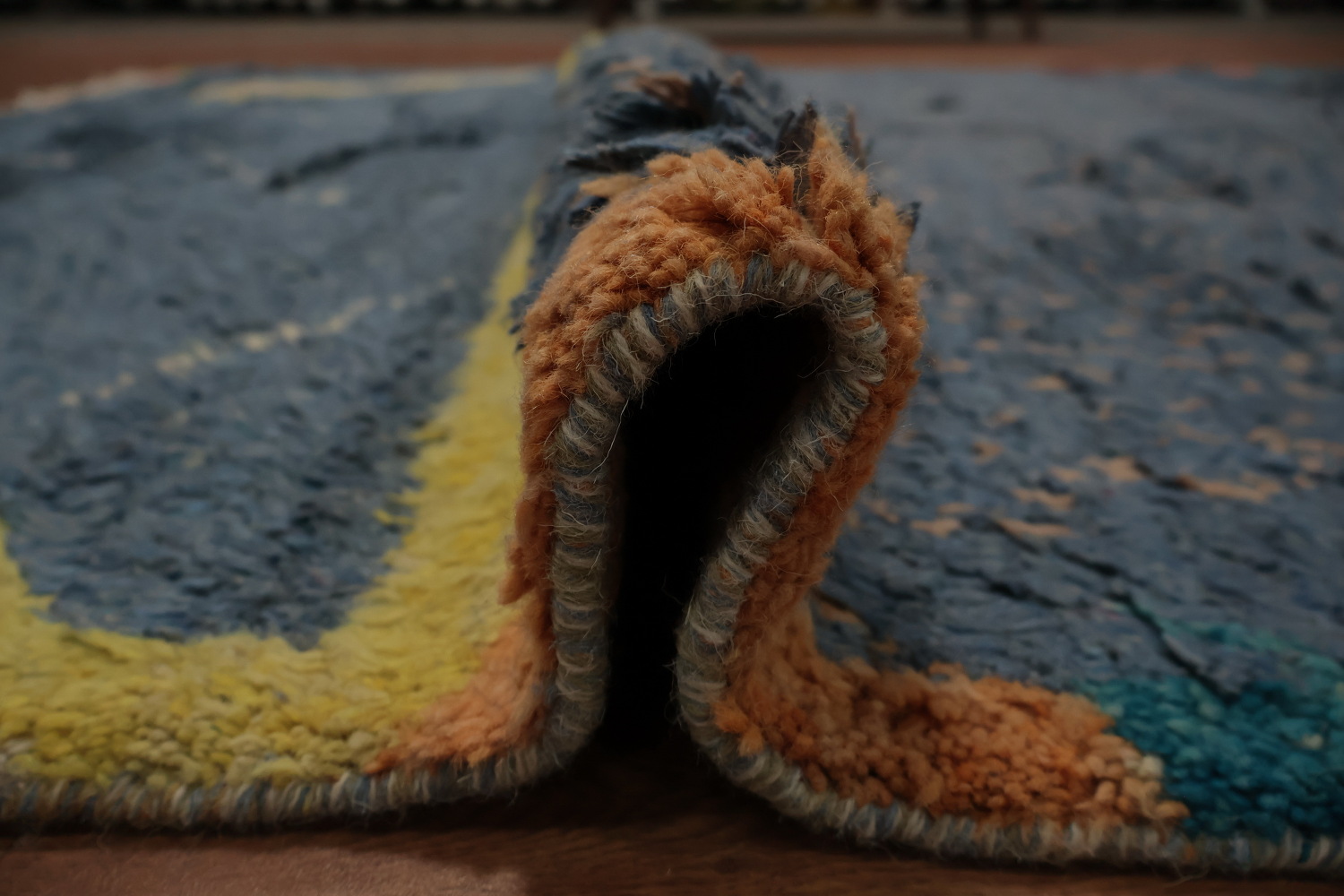 Abstract Moroccan Area Rug 7x11 with Subtle Blue and Yellow Patterns