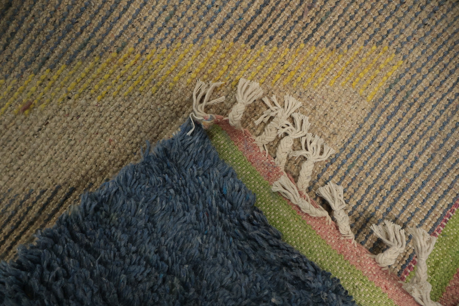 Abstract Moroccan Area Rug 7x11 with Subtle Blue and Yellow Patterns