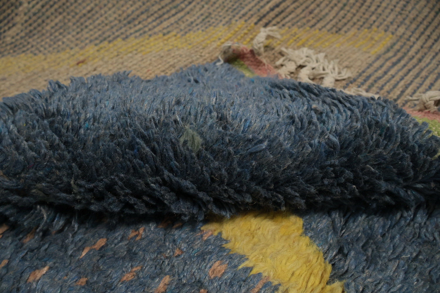 Abstract Moroccan Area Rug 7x11 with Subtle Blue and Yellow Patterns