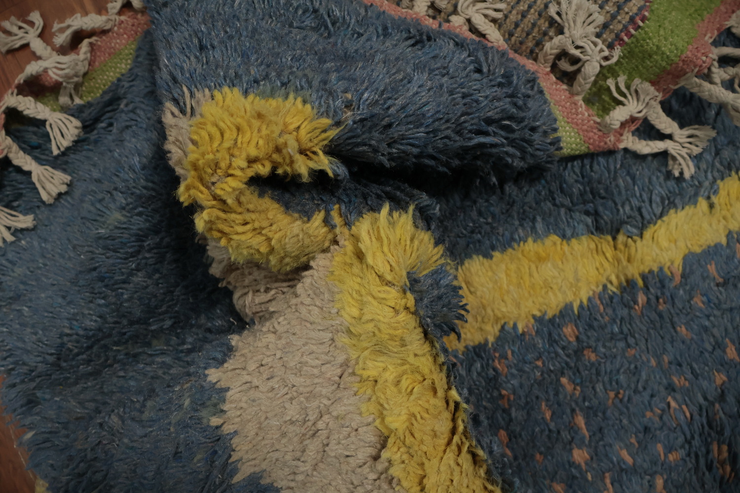 Abstract Moroccan Area Rug 7x11 with Subtle Blue and Yellow Patterns