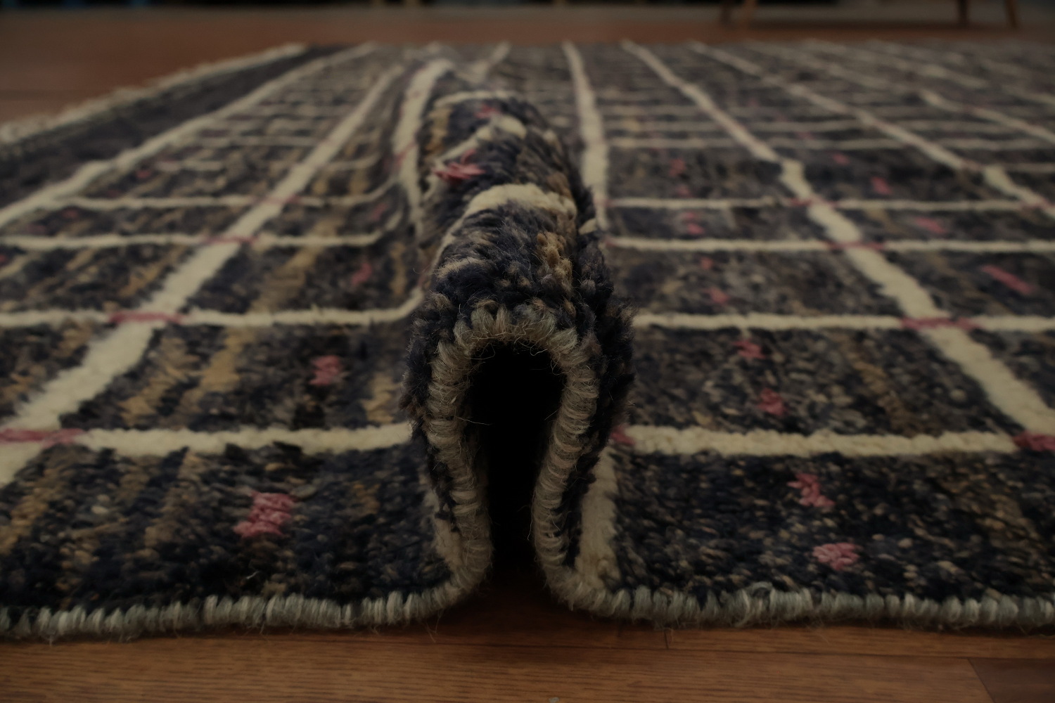 Chic Black and Navy Checkered Moroccan Area Rug for Living Room 10'x15'