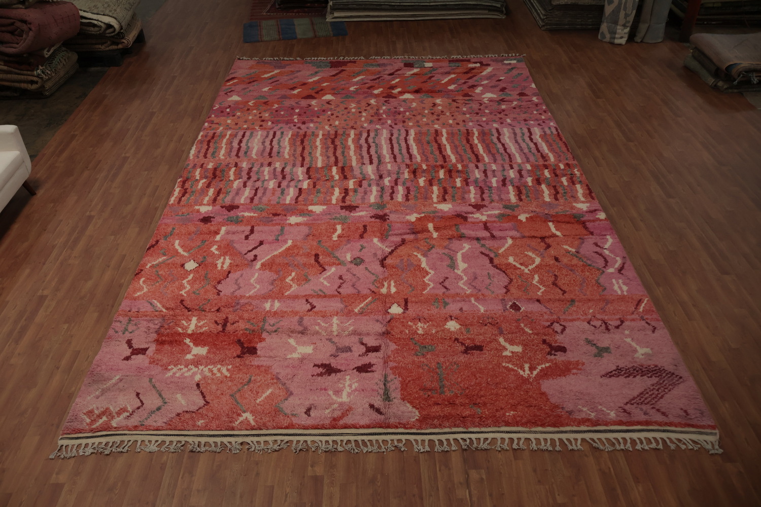 Artisanal Rust and Pink Moroccan Large Rug 12x18 with Geometric Designs
