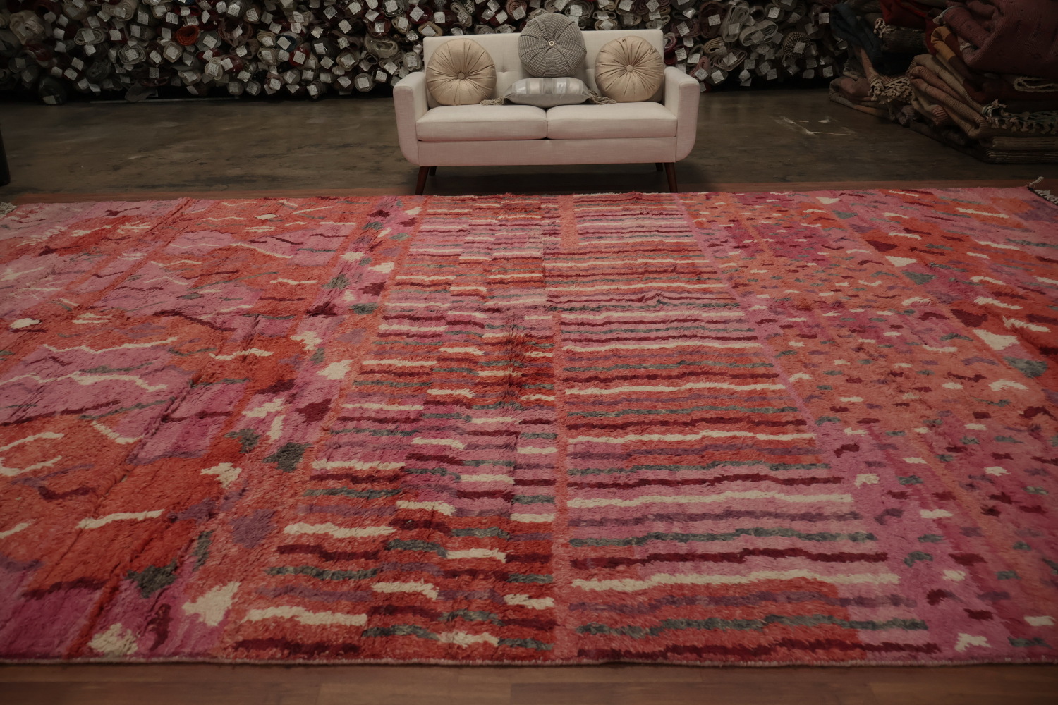 Artisanal Rust and Pink Moroccan Large Rug 12x18 with Geometric Designs
