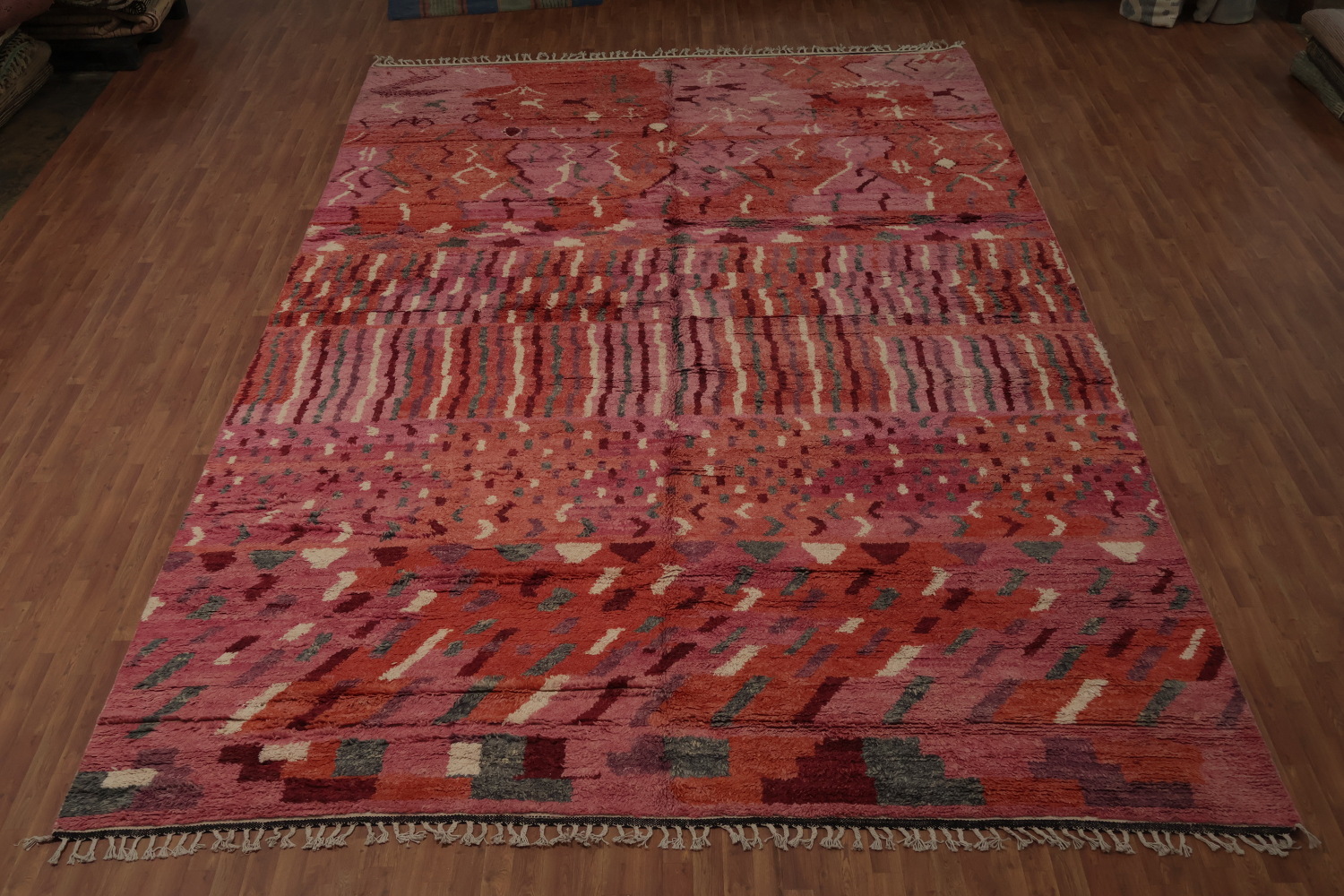 Artisanal Rust and Pink Moroccan Large Rug 12x18 with Geometric Designs