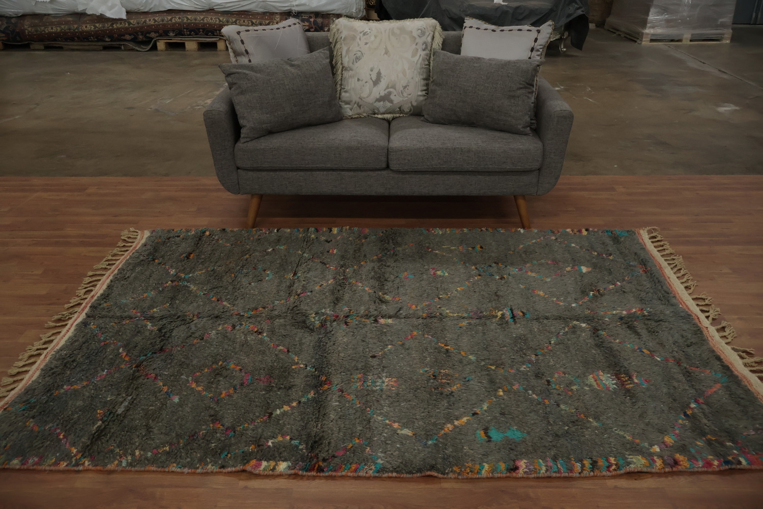 Handmade Gray Moroccan Area Rug 5x8 with Delicate Ethnic Motifs