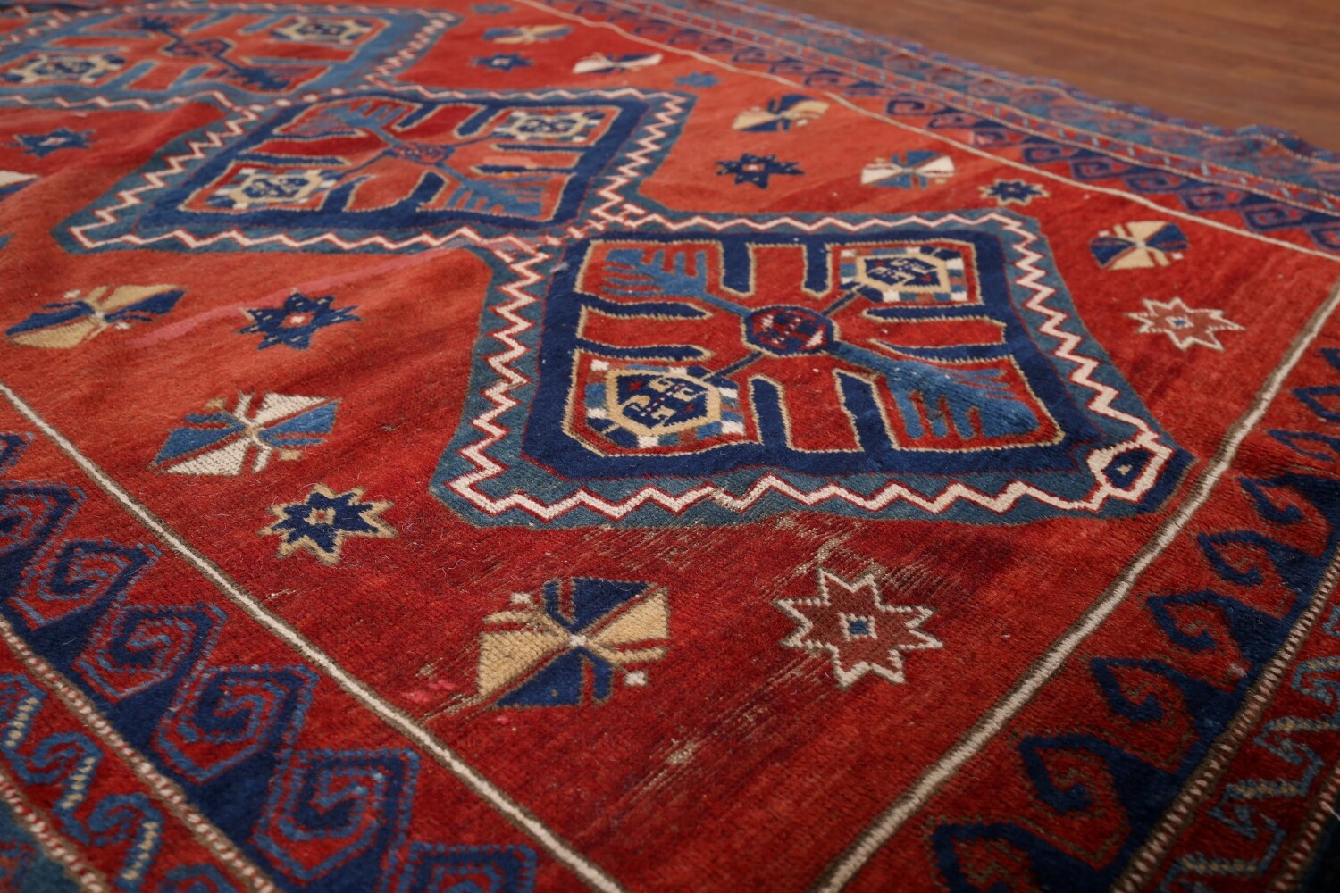 Antique Wool Kazak Vegetable Dye Area Rug 5x8