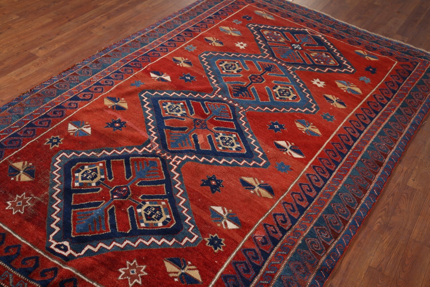 Antique Wool Kazak Vegetable Dye Area Rug 5x8