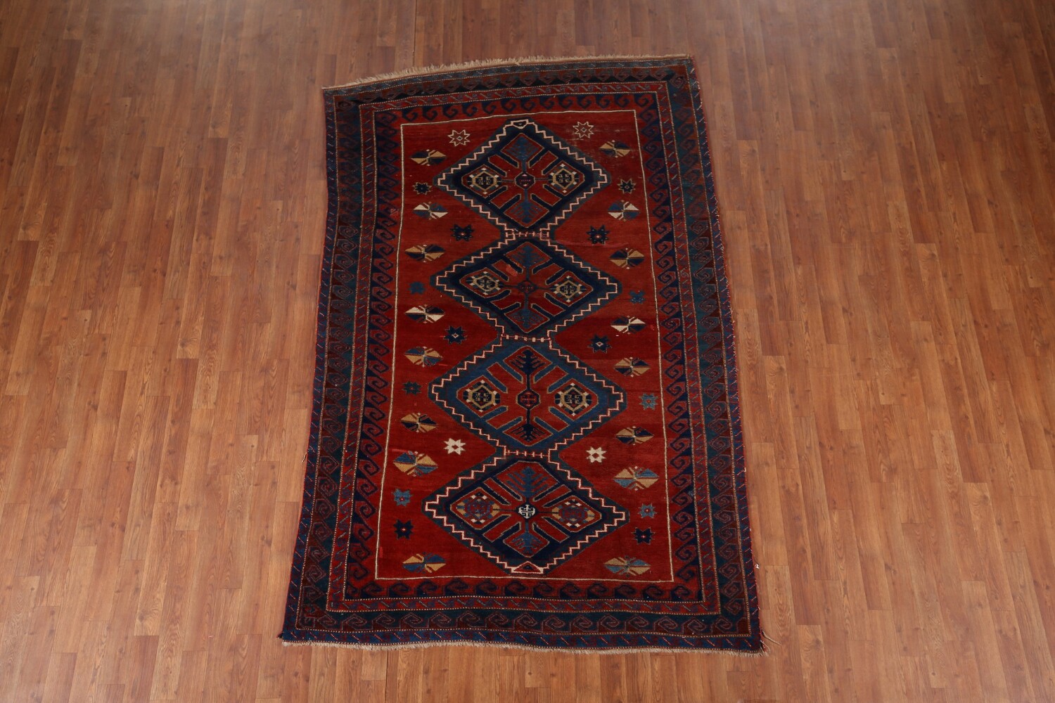 Antique Wool Kazak Vegetable Dye Area Rug 5x8