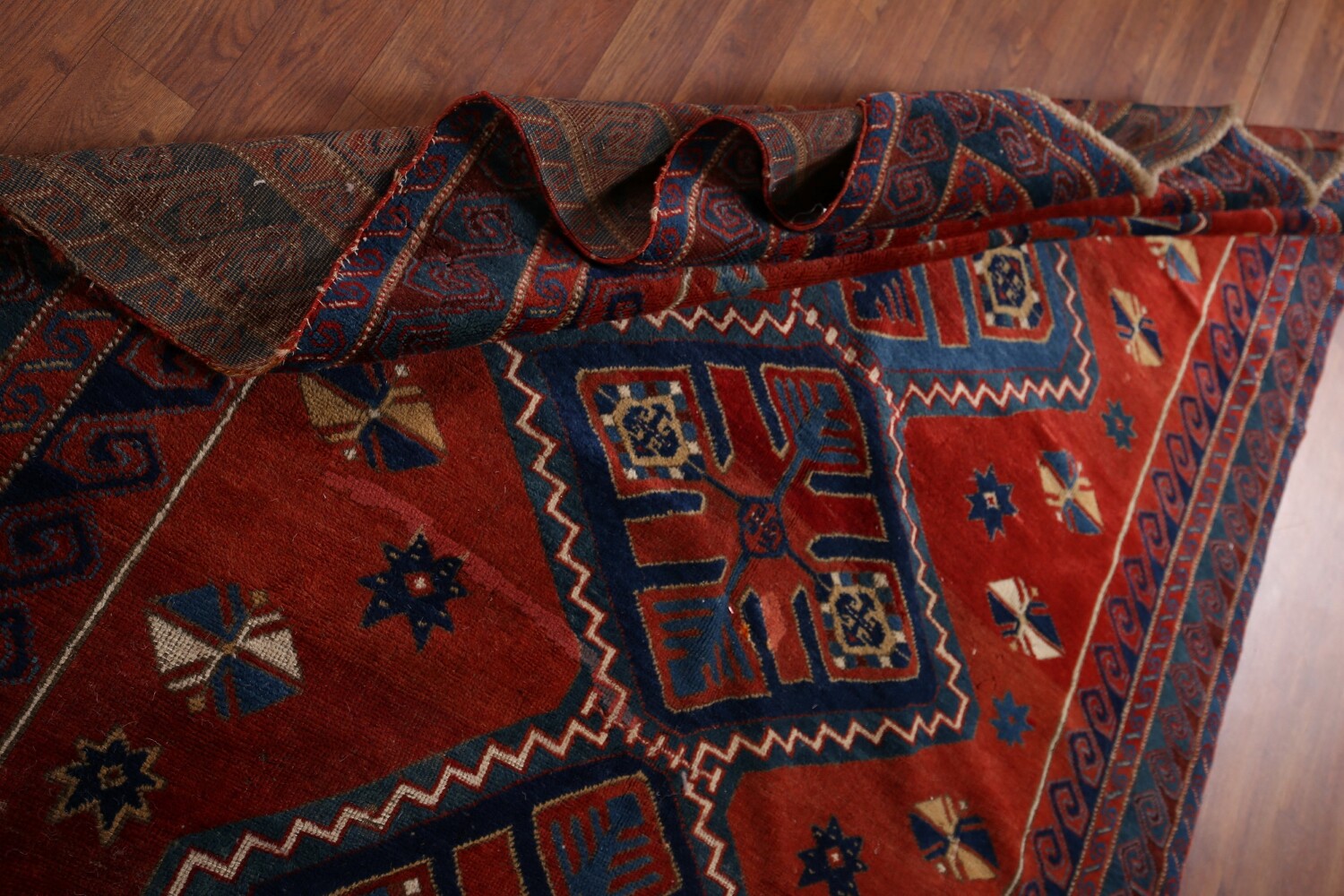 Antique Wool Kazak Vegetable Dye Area Rug 5x8