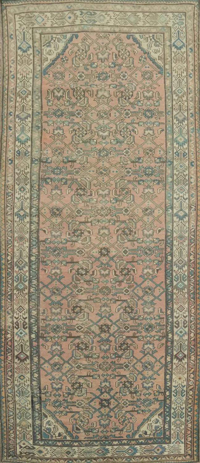 Traditional Vintage Pink and Blue Persian Runner with Warm Hues 4x9 ft