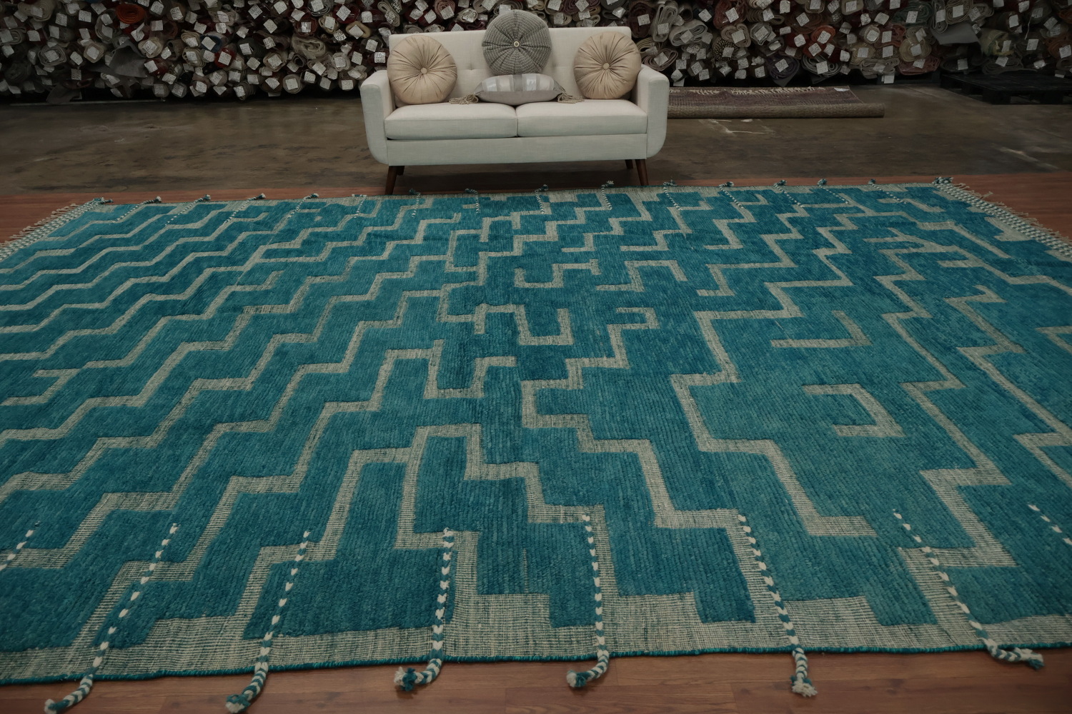 Vibrant Teal Stairs Patterned Moroccan Large Modern Rug 12x16