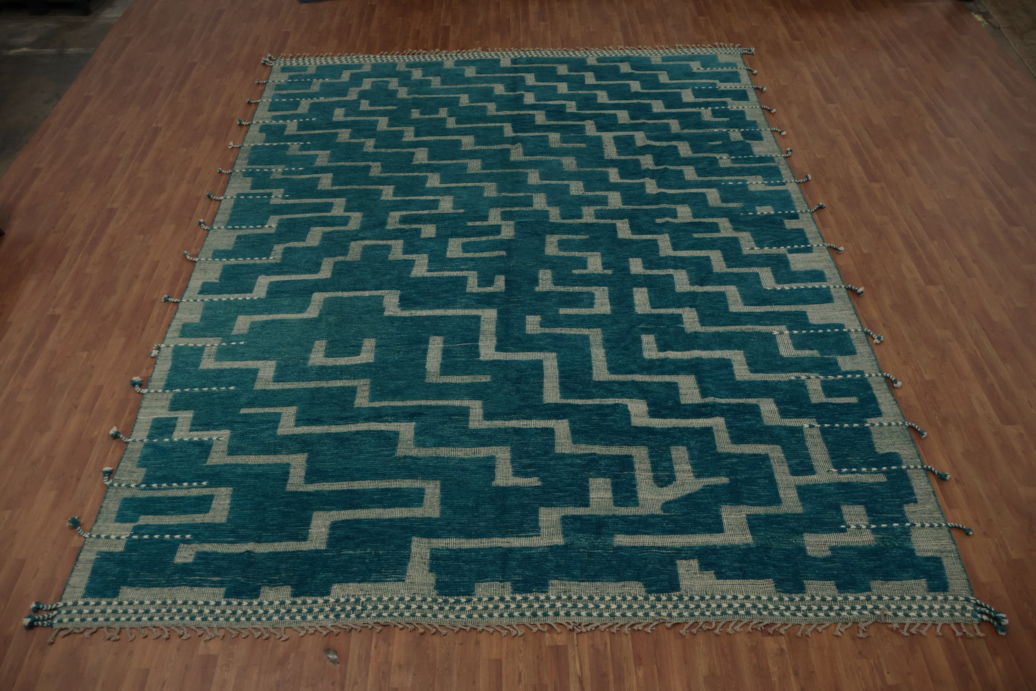 Vibrant Teal Stairs Patterned Moroccan Large Modern Rug 12x16