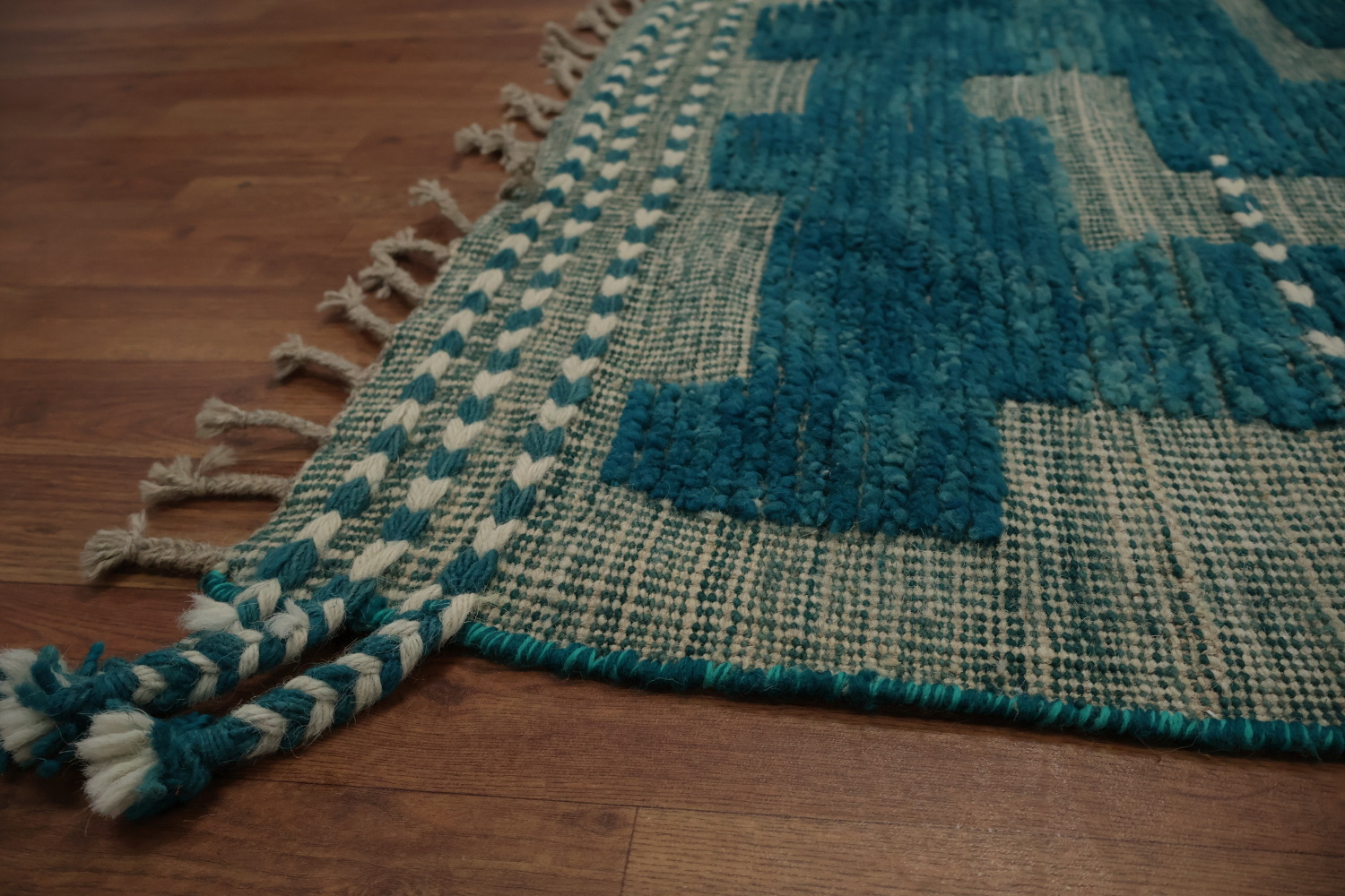 Vibrant Teal Stairs Patterned Moroccan Large Modern Rug 12x16