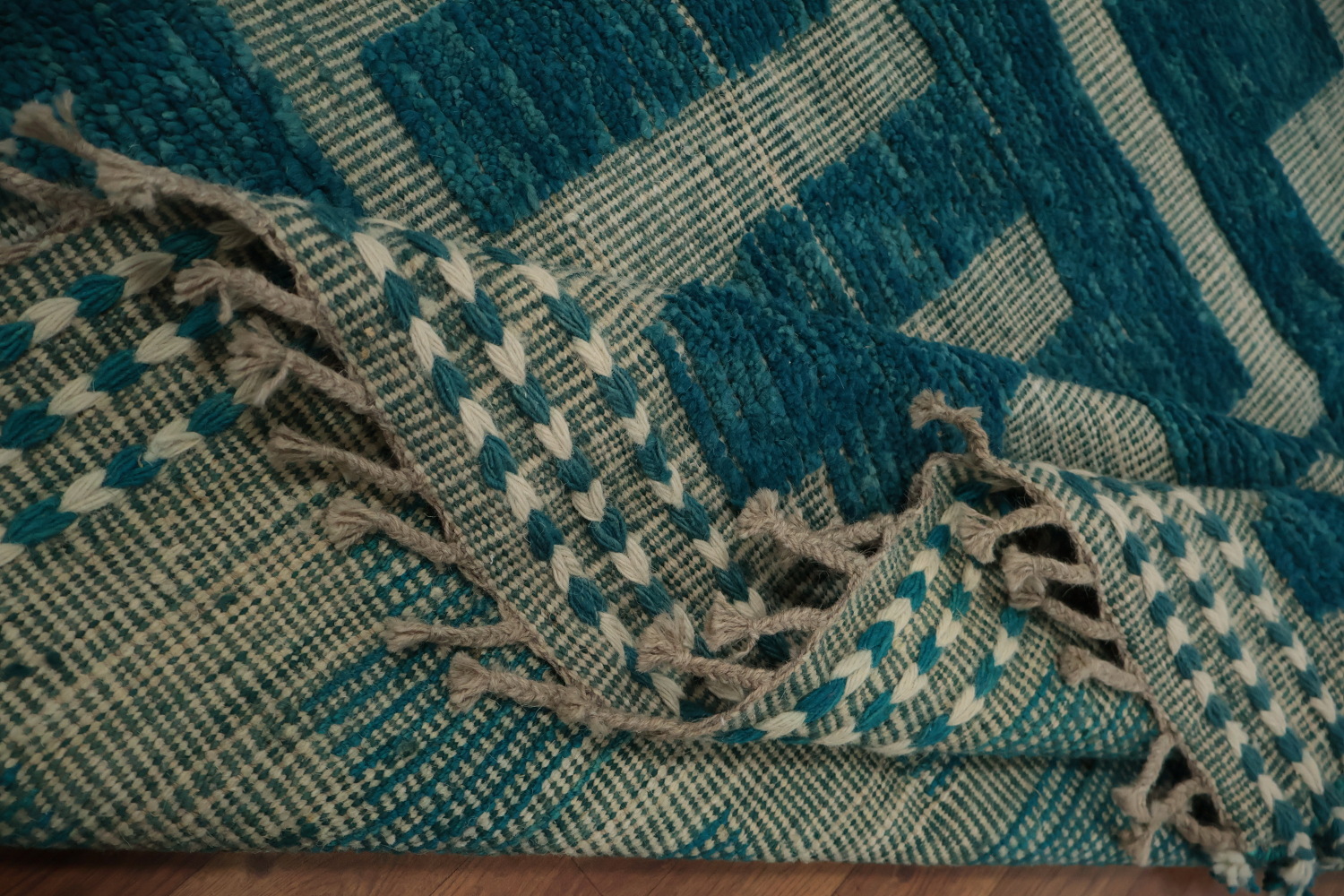 Vibrant Teal Stairs Patterned Moroccan Large Modern Rug 12x16