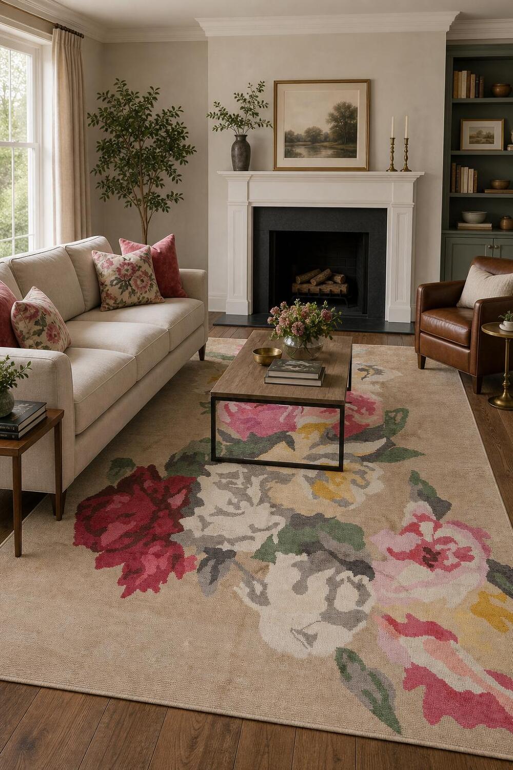 Wool & Silk Floral Abstract Indian Area Rug 7x10