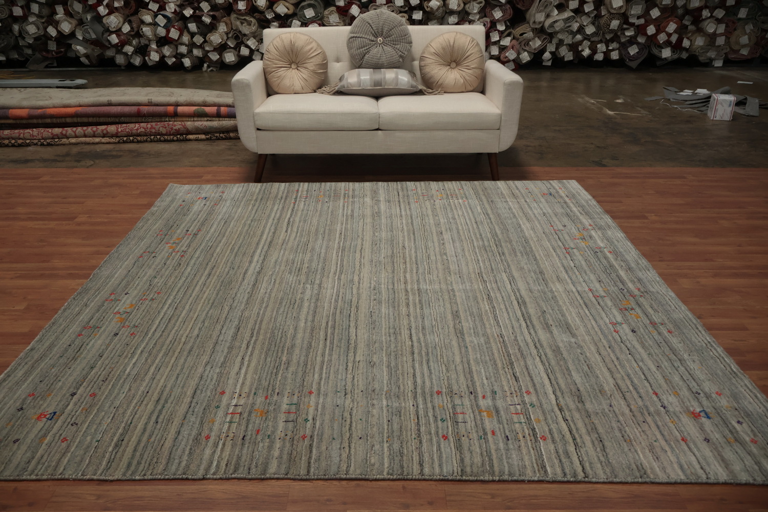 Chic Minimalist Square Gabbeh Rug with Sleek Striped Gray Design 8x8