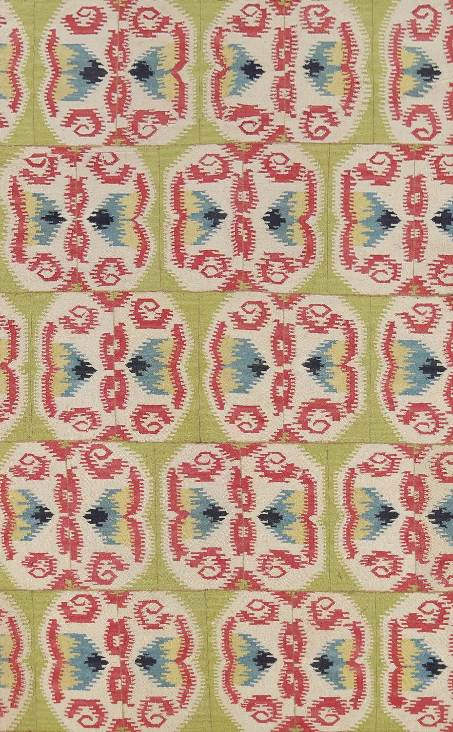 Stylish Kilim Dhurrie Green Rug with Dynamic Red and Blue Motifs 6x9