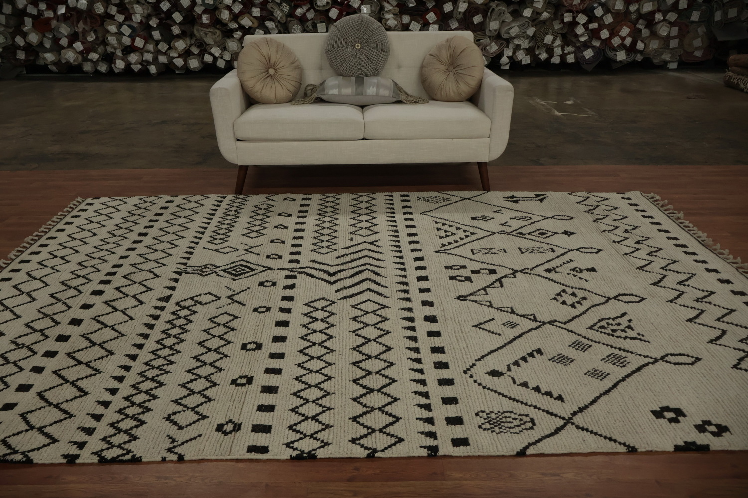 Ivory Trellis Wool Moroccan Living Room Rug 7x10