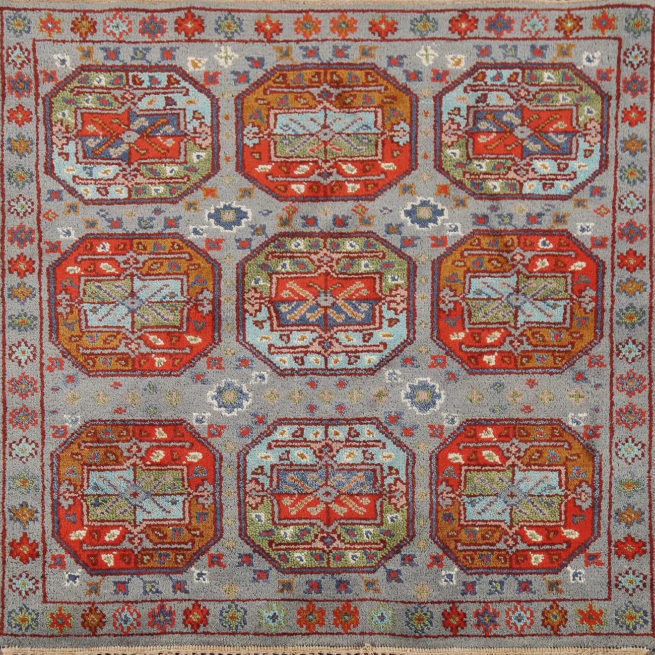 Square Geometric Wool Khotan Indian Rug 4x4