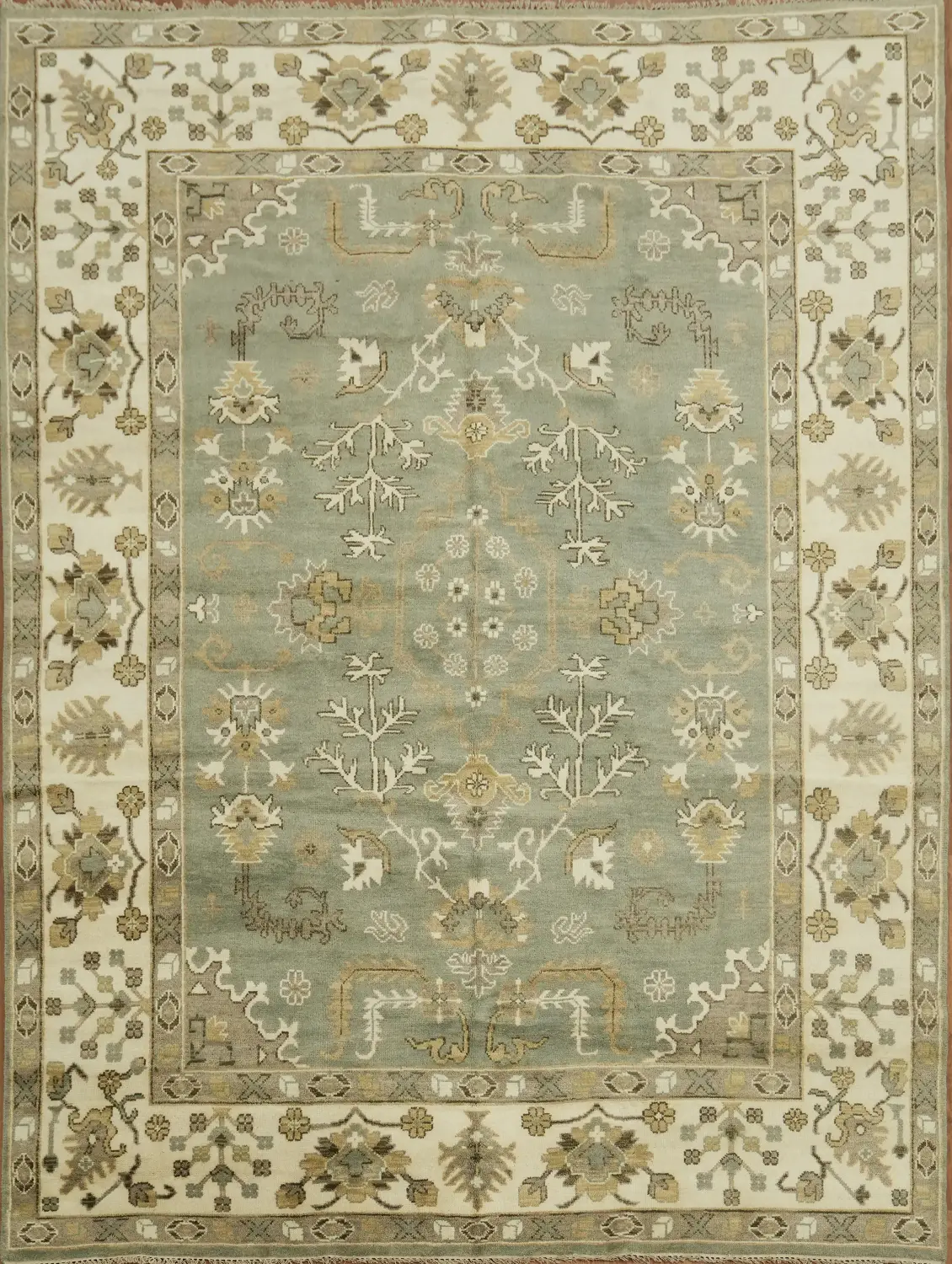 Elegant Vintage-Style Green and Ivory Oushak Indian Rug  9x12