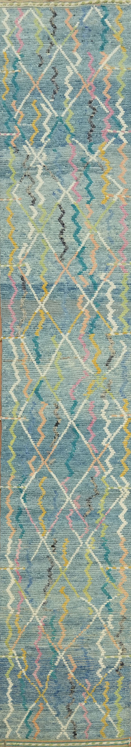 Contemporary Blue Moroccan Runner Rug 3x16
