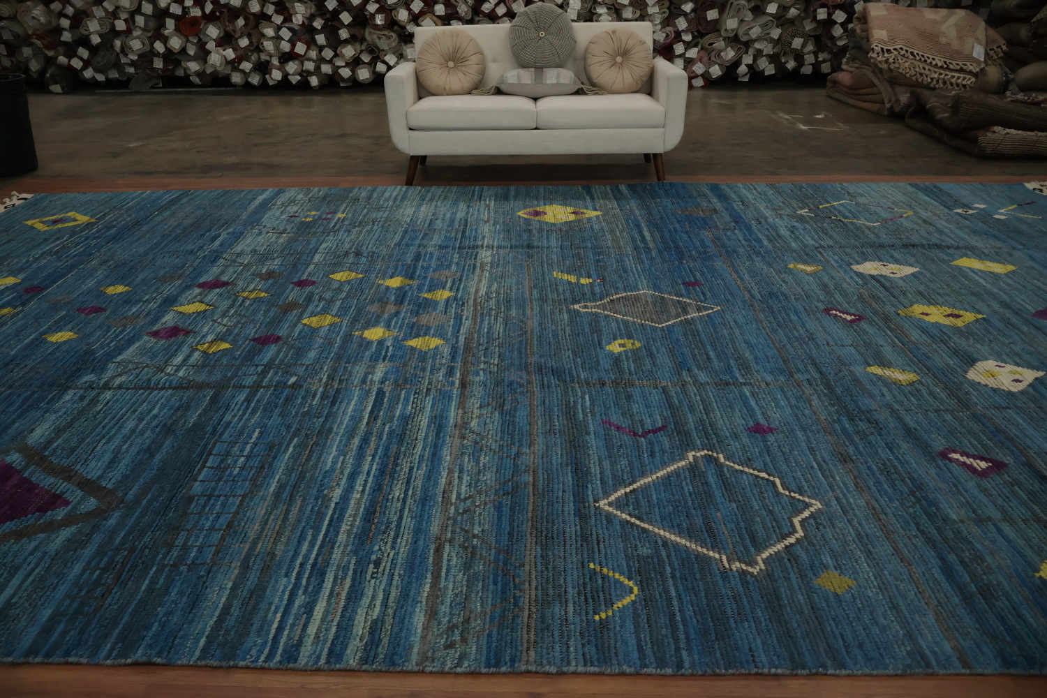 Blue Geometric Moroccan Oriental Large Rug 12x18
