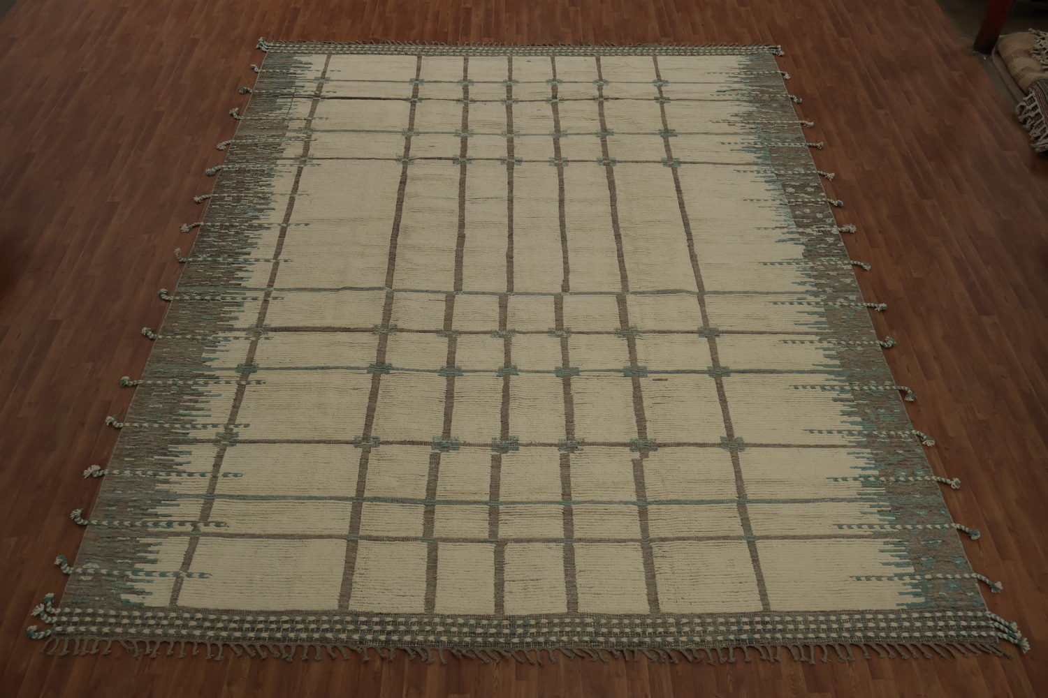 Classy Neutral-Toned Moroccan Large Rug 12x15 with Grid Aesthetic