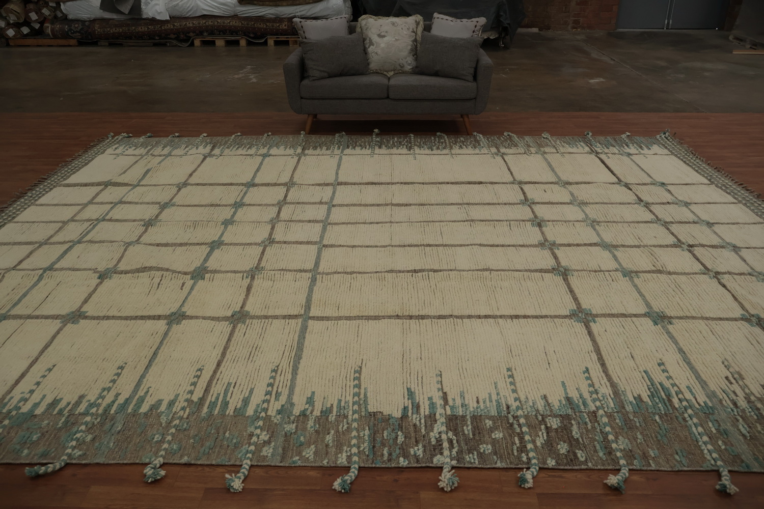 Classy Neutral-Toned Moroccan Large Rug 12x15 with Grid Aesthetic