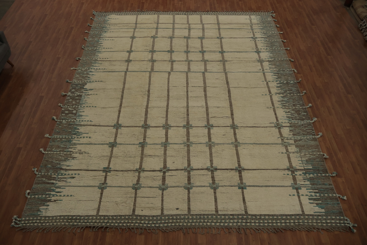 Classy Neutral-Toned Moroccan Large Rug 12x15 with Grid Aesthetic