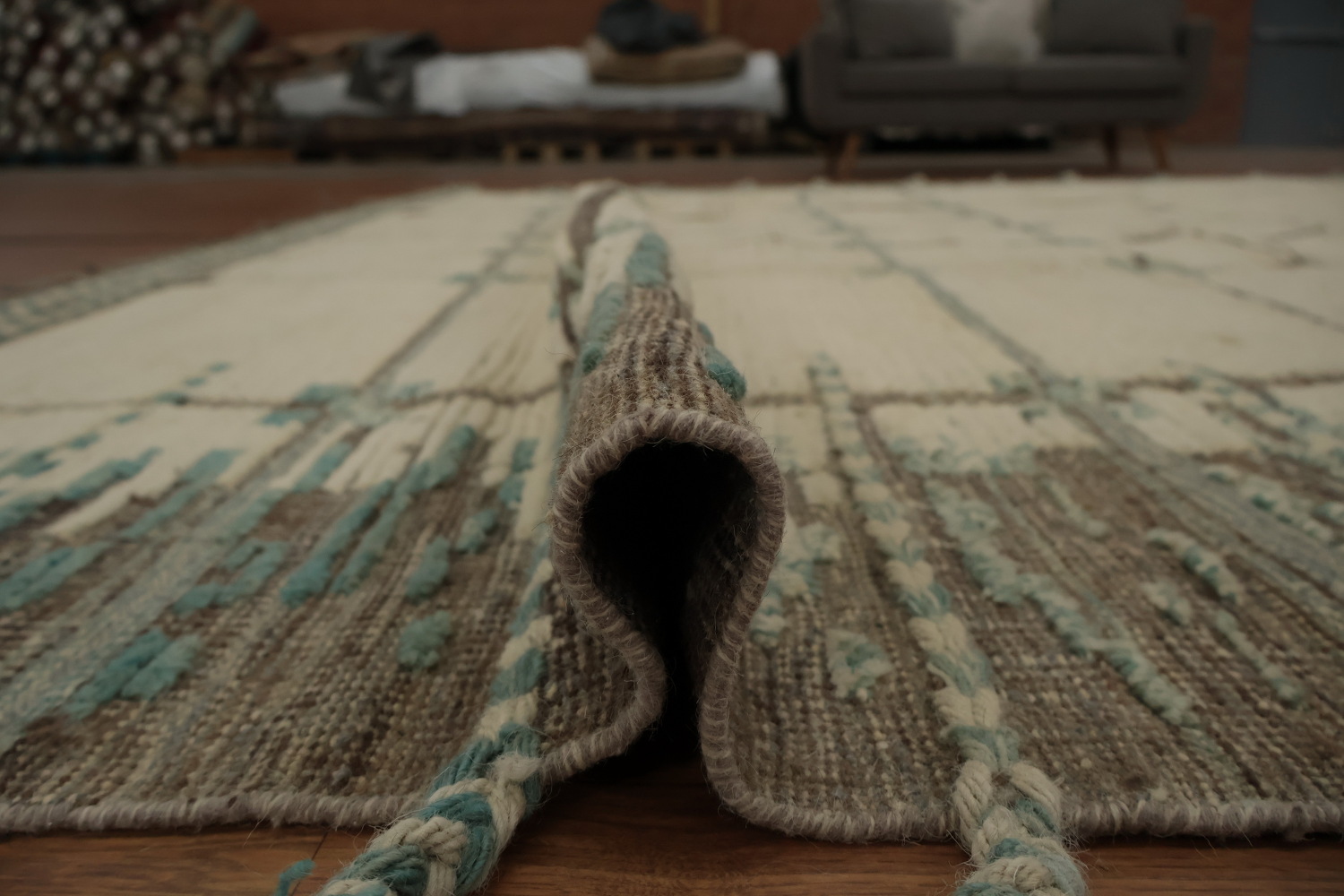 Classy Neutral-Toned Moroccan Large Rug 12x15 with Grid Aesthetic