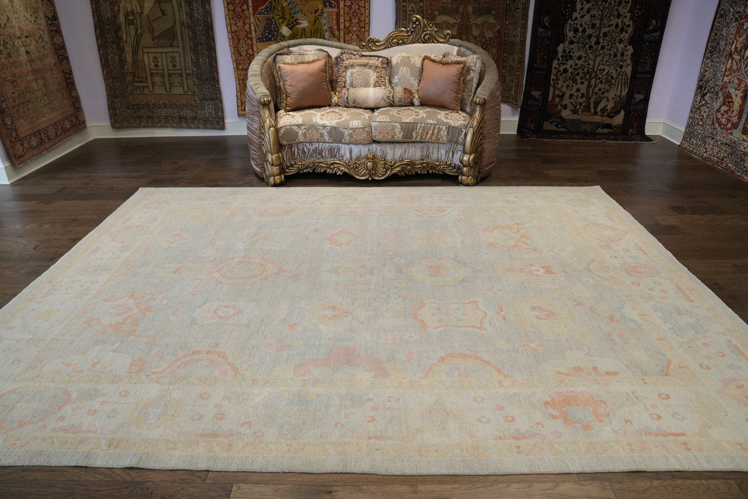 Subtle pastel Muted Grey Oushak Turkish Area Rug 9x12 ft