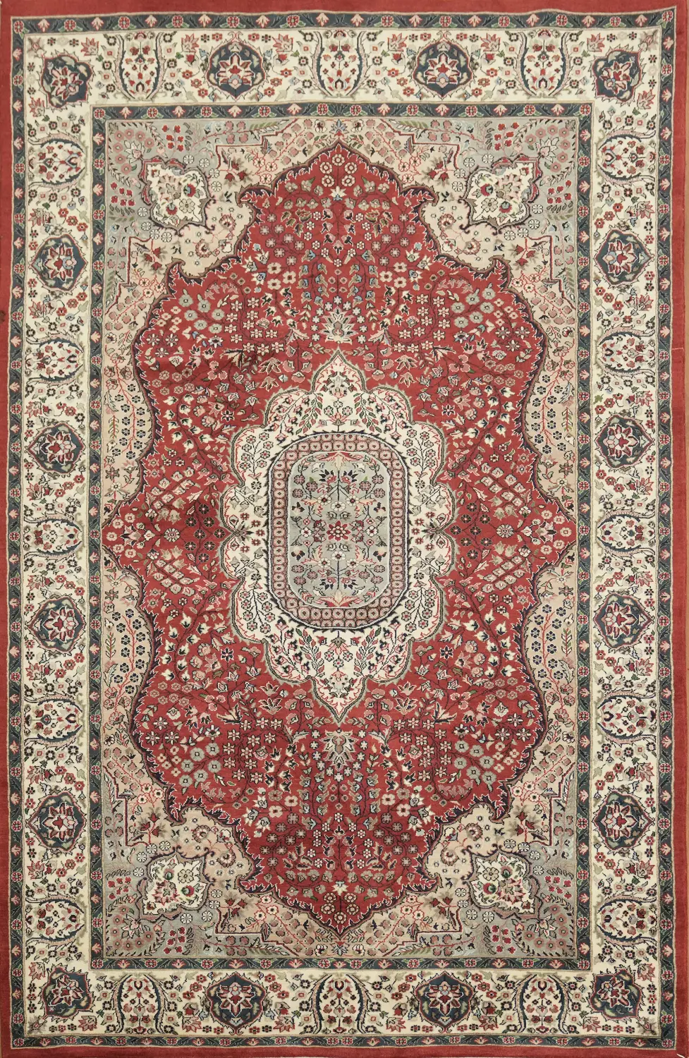 Elegant Persian-inspired rug with rich red and ivory floral motifs 6x9 ft
