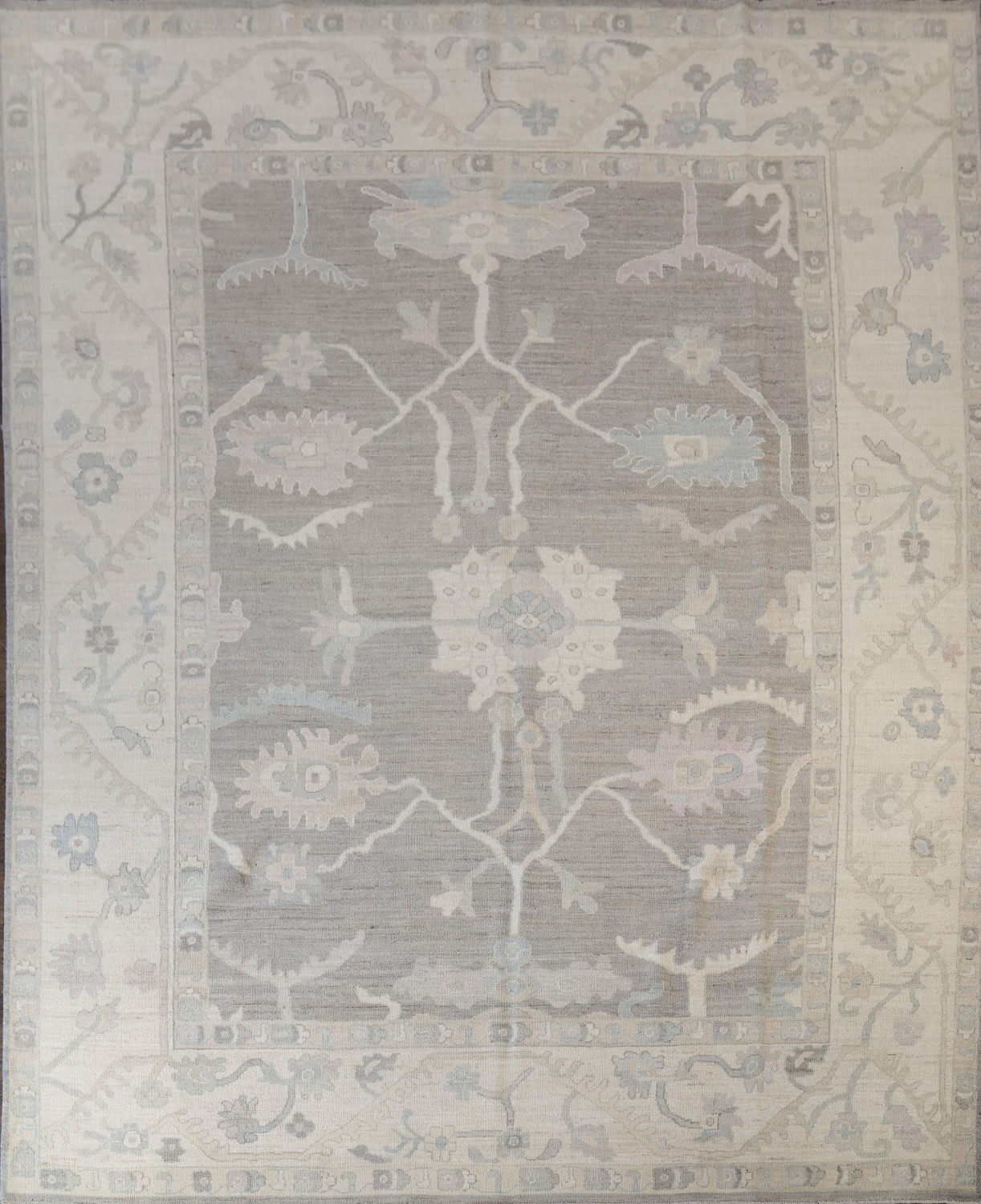 Elegant Traditional Grey and Ivory Oushak Turkish Rug 9x12 ft
