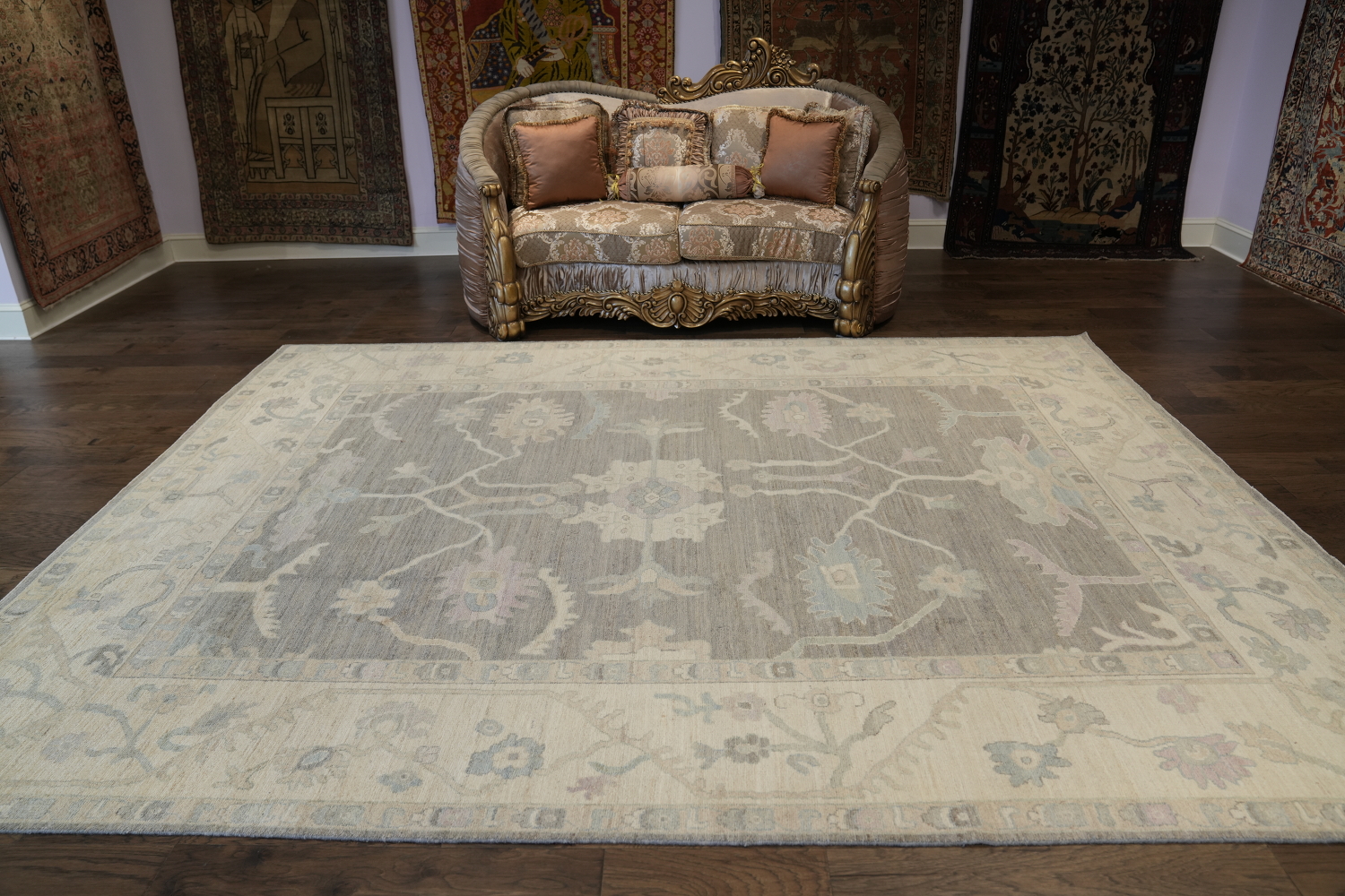 Elegant Traditional Grey and Ivory Oushak Turkish Rug 9x12 ft